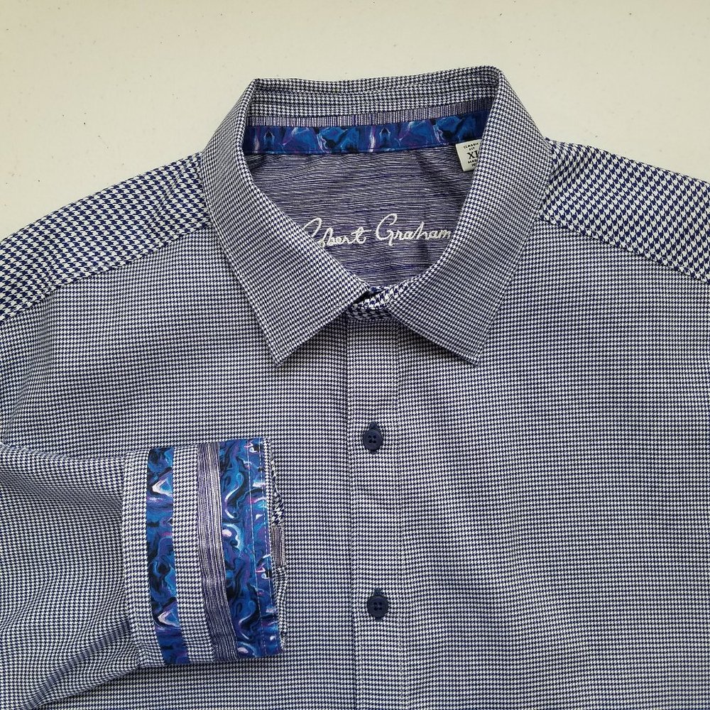 Robert Graham Mens Blue Plaid Button Front Classic Fit Shirt Fip Cuff Size XL‎